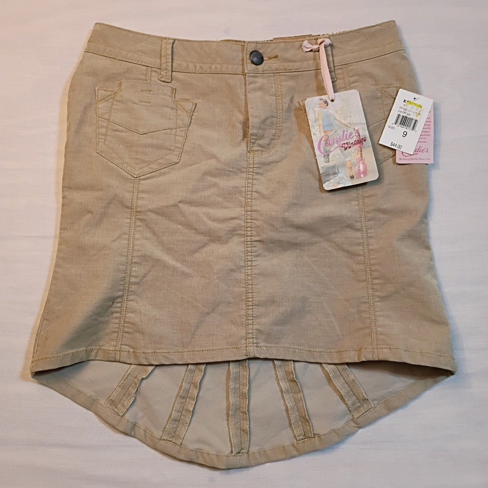 Candies Vintage Khaki Corduroy High Low Mini Skirt NWT Size 9 Tan Pleated Back